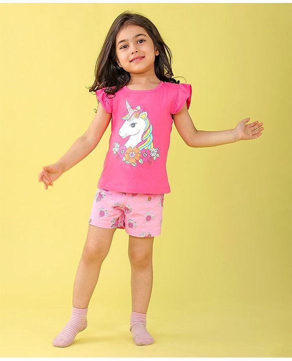 Babyhug Cotton Flutter Sleeves Night Suit With Unicorn And Floral  Print - Pink