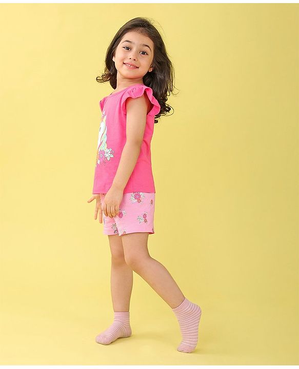 Babyhug Cotton Flutter Sleeves Night Suit With Unicorn And Floral  Print - Pink