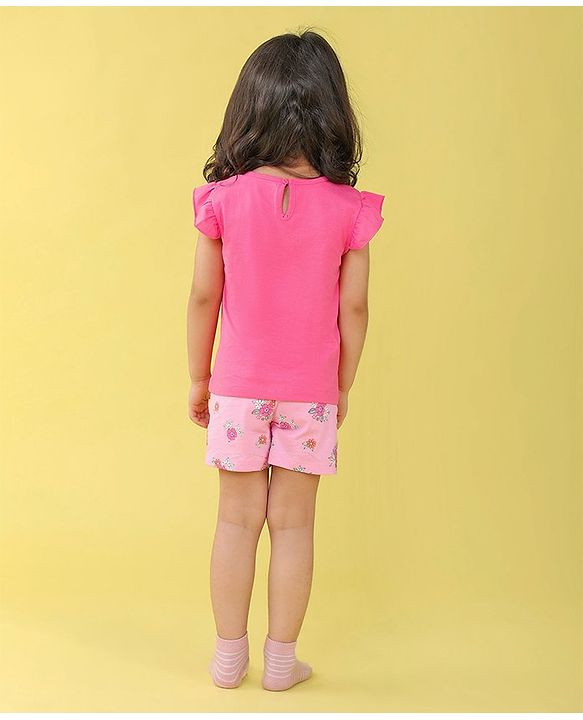 Babyhug Cotton Flutter Sleeves Night Suit With Unicorn And Floral  Print - Pink