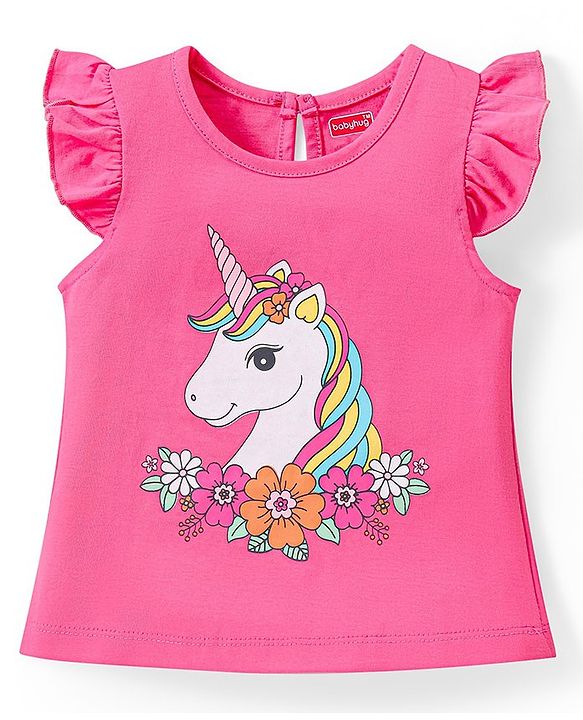 Babyhug Cotton Flutter Sleeves Night Suit With Unicorn And Floral  Print - Pink