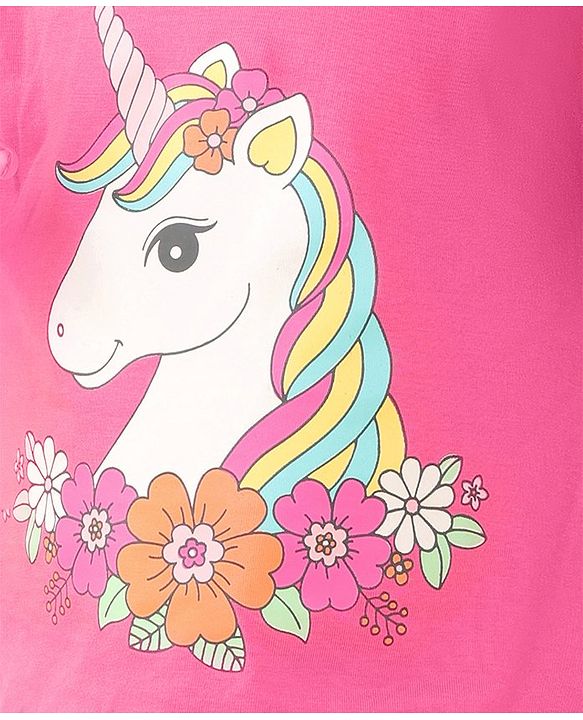 Babyhug Cotton Flutter Sleeves Night Suit With Unicorn And Floral  Print - Pink