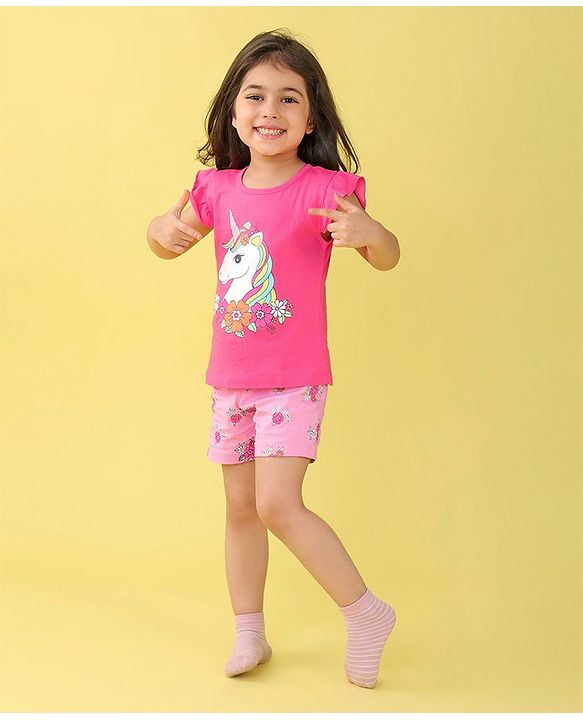 Babyhug Cotton Flutter Sleeves Night Suit With Unicorn And Floral  Print - Pink
