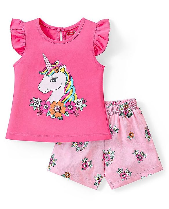 Babyhug Cotton Flutter Sleeves Night Suit With Unicorn And Floral  Print - Pink