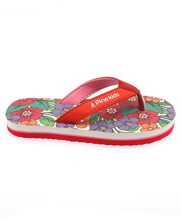 Pine Kids Slip On Flip Flops With Floral Print - Red