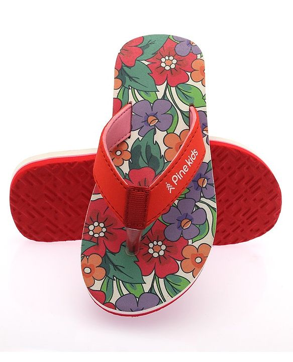 Pine Kids Slip On Flip Flops With Floral Print - Red