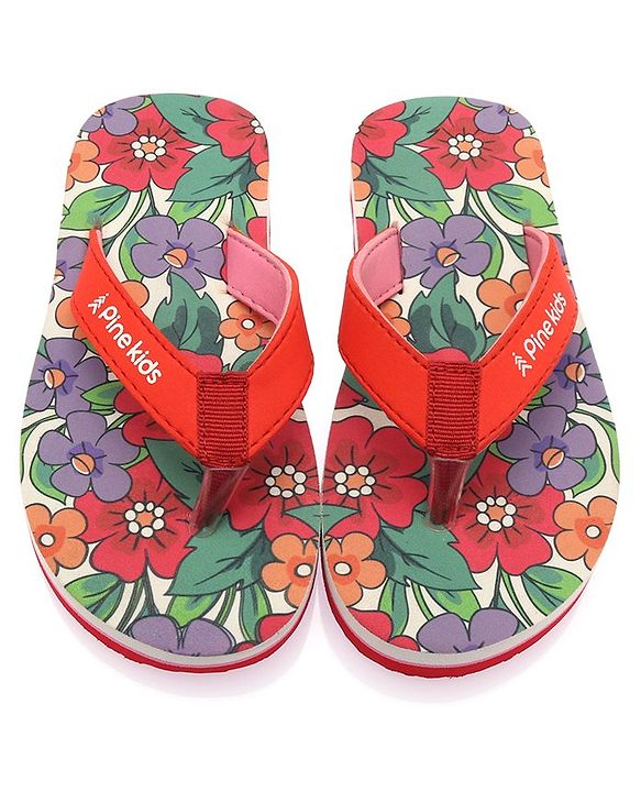 Pine Kids Slip On Flip Flops With Floral Print - Red