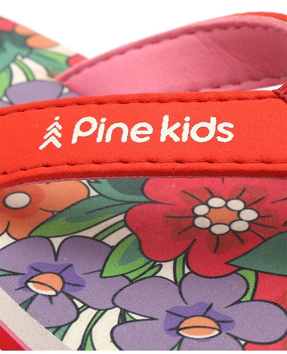 Pine Kids Slip On Flip Flops With Floral Print - Red