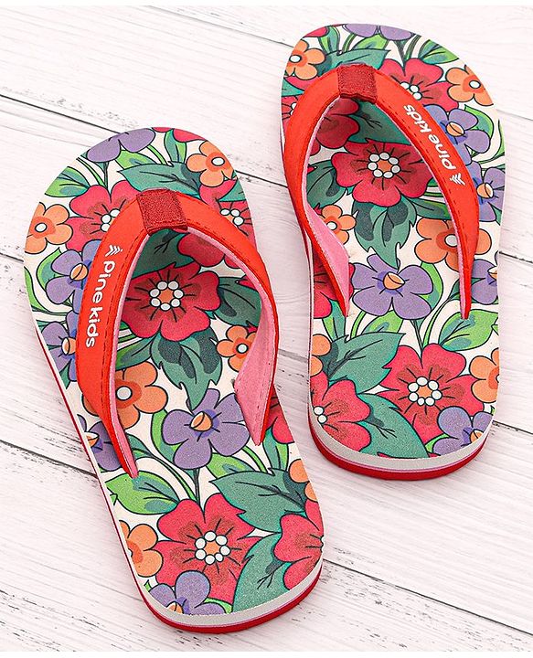 Pine Kids Slip On Flip Flops With Floral Print - Red