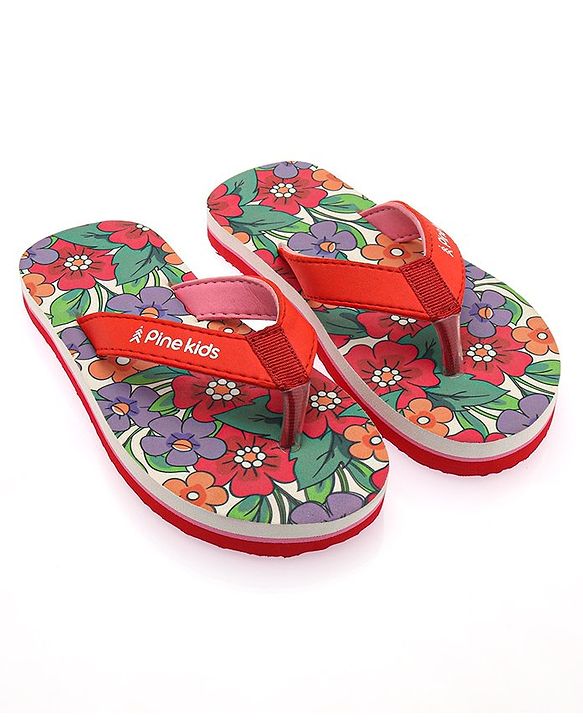 Pine Kids Slip On Flip Flops With Floral Print - Red