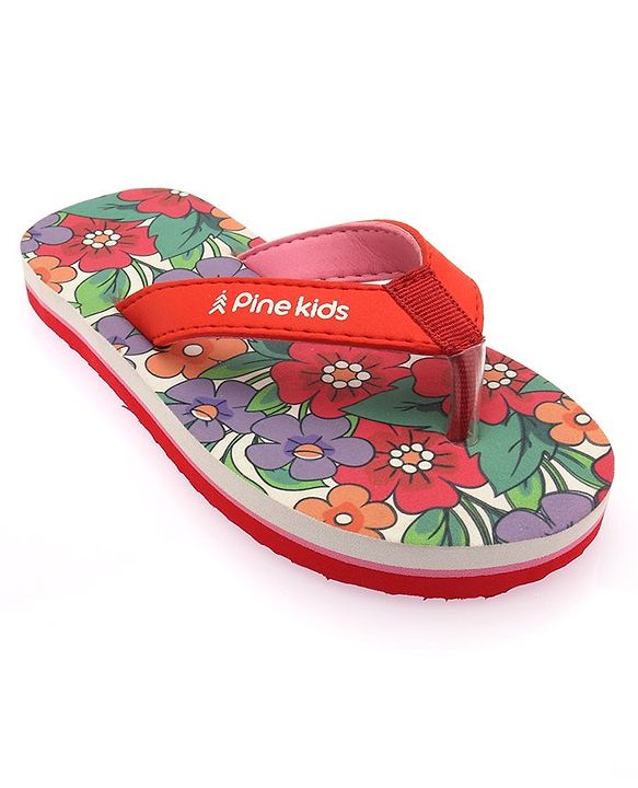 Pine Kids Slip On Flip Flops With Floral Print - Red