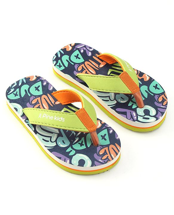 Pine Kids Slip On Flip Flops with Text Print - Navy Blue & Lime
