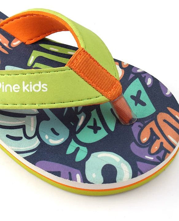 Pine Kids Slip On Flip Flops with Text Print - Navy Blue & Lime