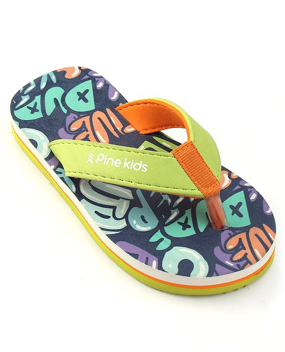 Pine Kids Slip On Flip Flops with Text Print - Navy Blue & Lime