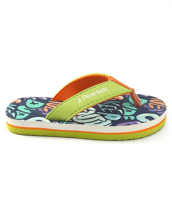Pine Kids Slip On Flip Flops with Text Print - Navy Blue & Lime