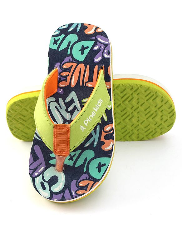Pine Kids Slip On Flip Flops with Text Print - Navy Blue & Lime