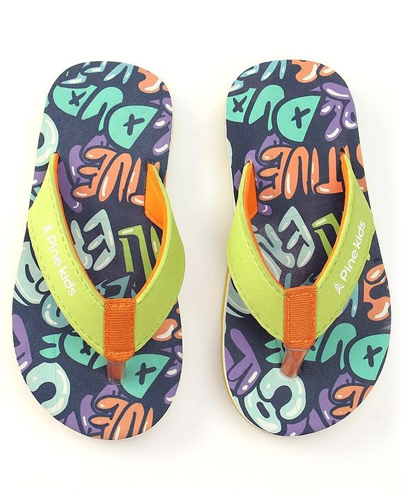 Pine Kids Slip On Flip Flops with Text Print - Navy Blue & Lime