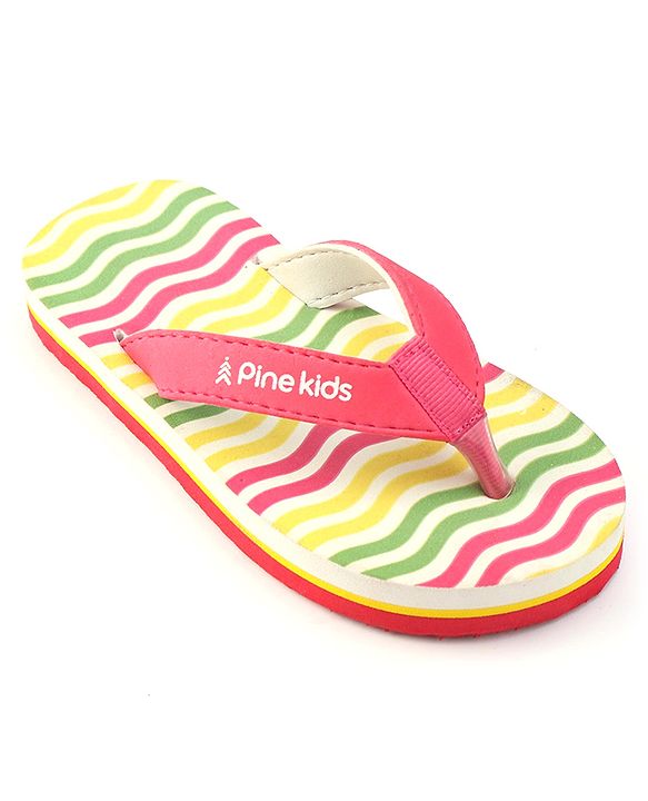 Pine Kids Slip On Flip Flops With Stripes - Pink Yellow & Green