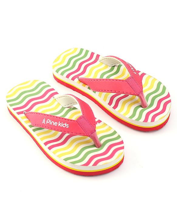 Pine Kids Slip On Flip Flops With Stripes - Pink Yellow & Green