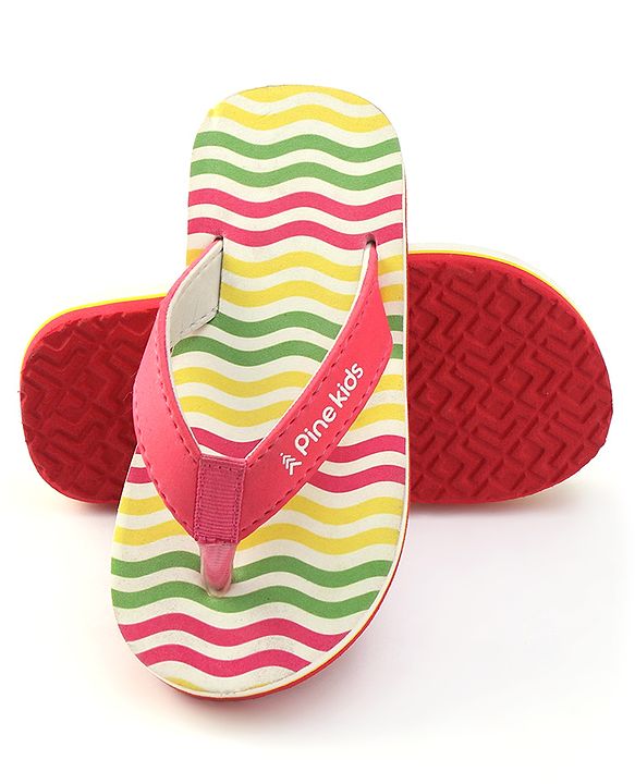 Pine Kids Slip On Flip Flops With Stripes - Pink Yellow & Green