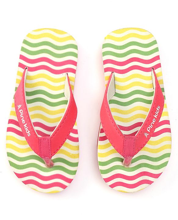 Pine Kids Slip On Flip Flops With Stripes - Pink Yellow & Green