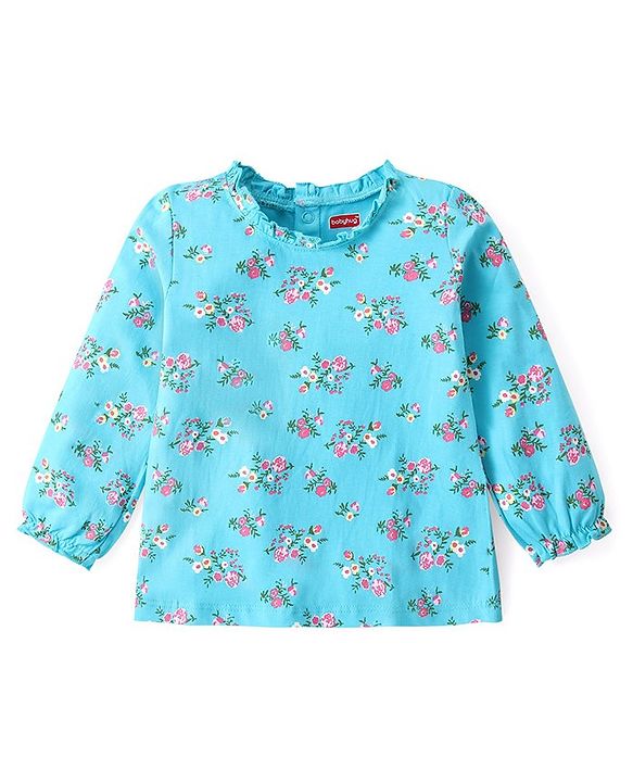 Babyhug Cotton Knit  Full Sleeves Top With Floral Print - Blue