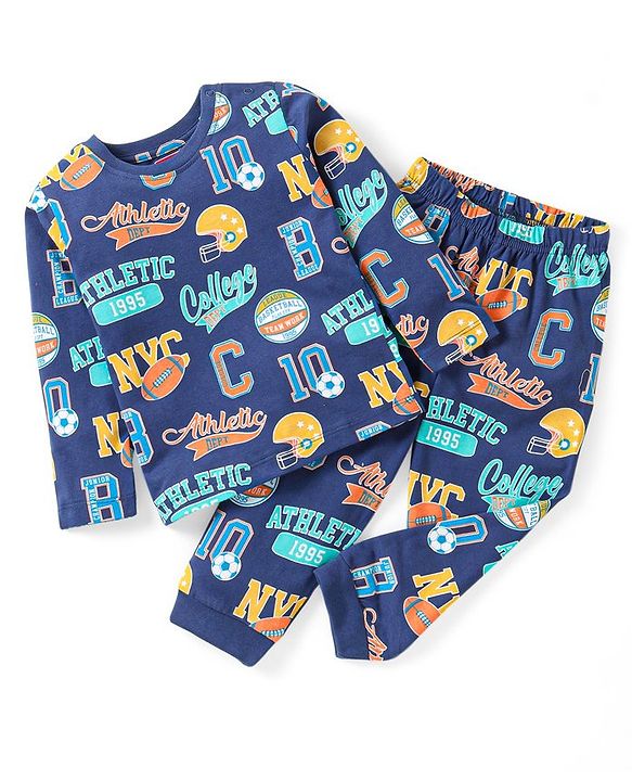 Babyhug Cotton Knit Full Sleeves Football Theme  Printed Night Suit - Blue