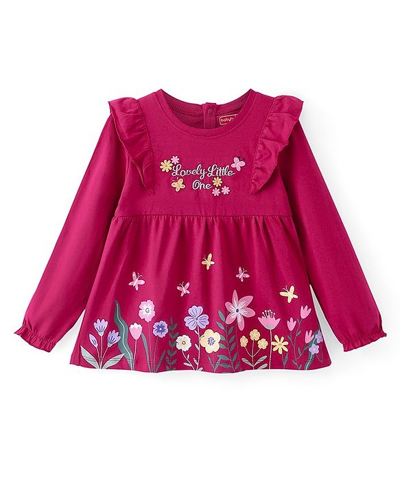 Babyhug Cotton Knit Full Sleeves Top with Floral Graphics &  Embroidery Detailing - Maroon