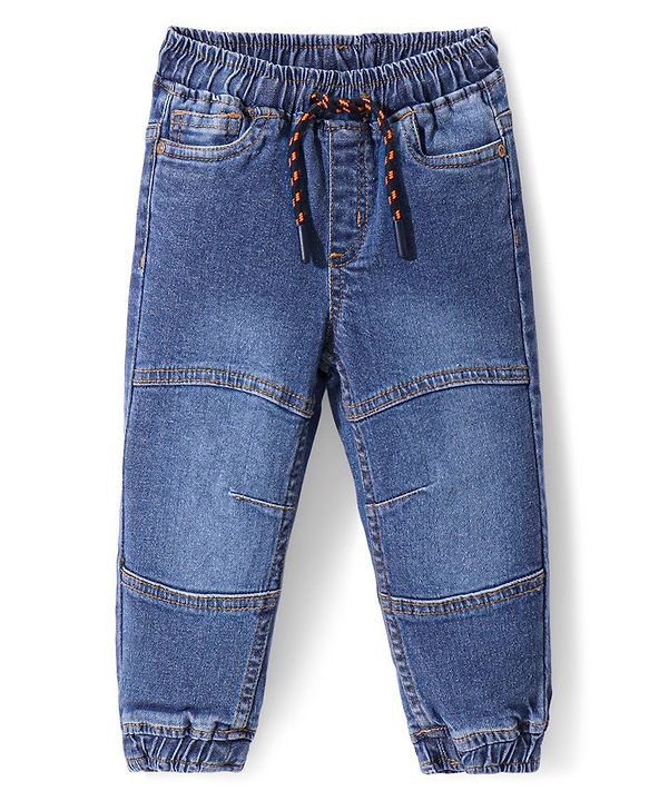 Babyhug Cotton Full Length Stretchable Denim Washed Joggers - Blue