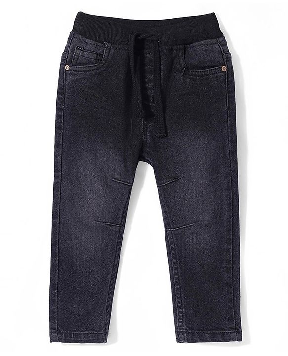 Babyhug Cotton Denim Full Length Washed Stretchable Solid Joggers - Black
