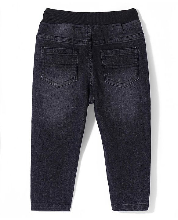 Babyhug Cotton Denim Full Length Washed Stretchable Solid Joggers - Black