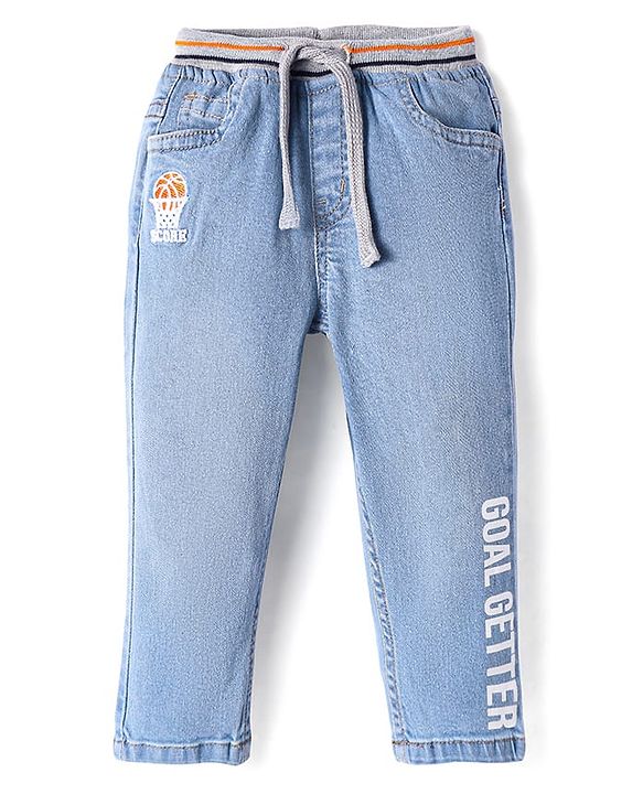 Babyhug Full Length Washed Denim Jeans With Text Print - Light Blue