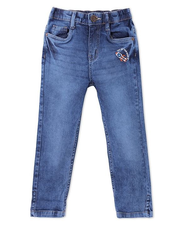 Babyhug Full Length Solid Denim Jeans With Rocket Embroidery - Blue