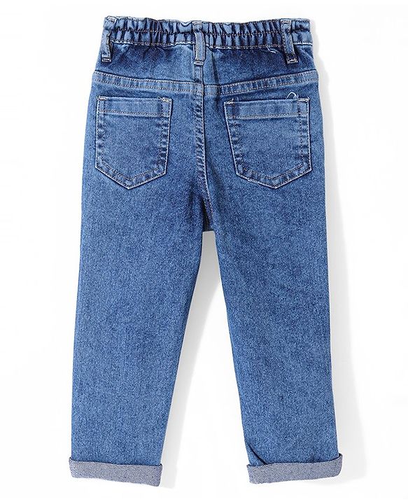 Babyhug  Full Length Stretchable Denim Washed Jeans with Basketball Embroidered - Blue