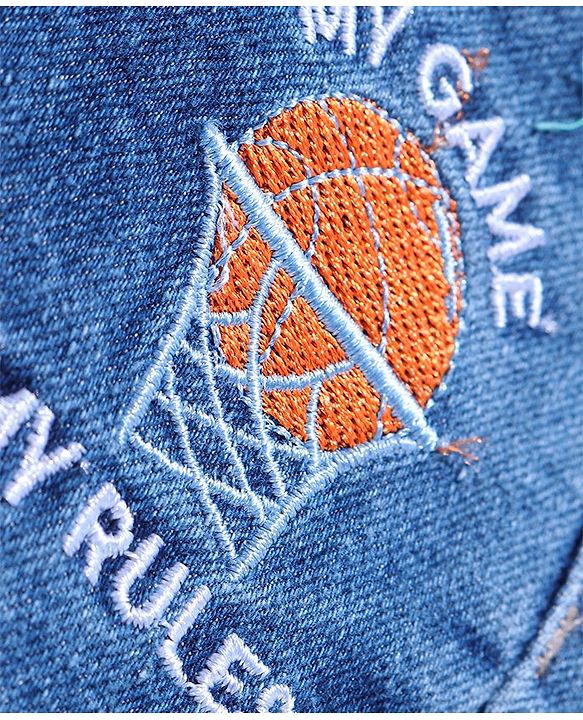 Babyhug  Full Length Stretchable Denim Washed Jeans with Basketball Embroidered - Blue