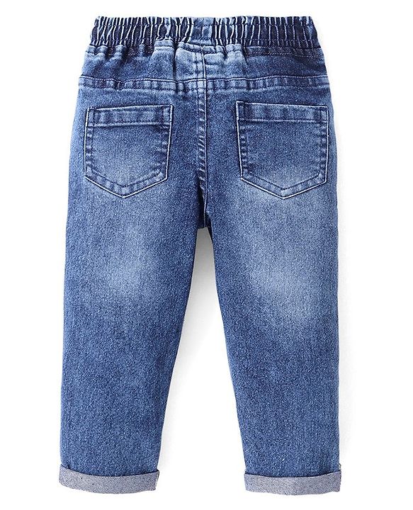 Babyhug Full Length Stretchable Denim Washed Jeans with Trophy Embroidery - Blue