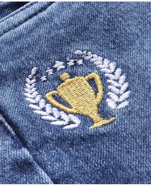Babyhug Full Length Stretchable Denim Washed Jeans with Trophy Embroidery - Blue