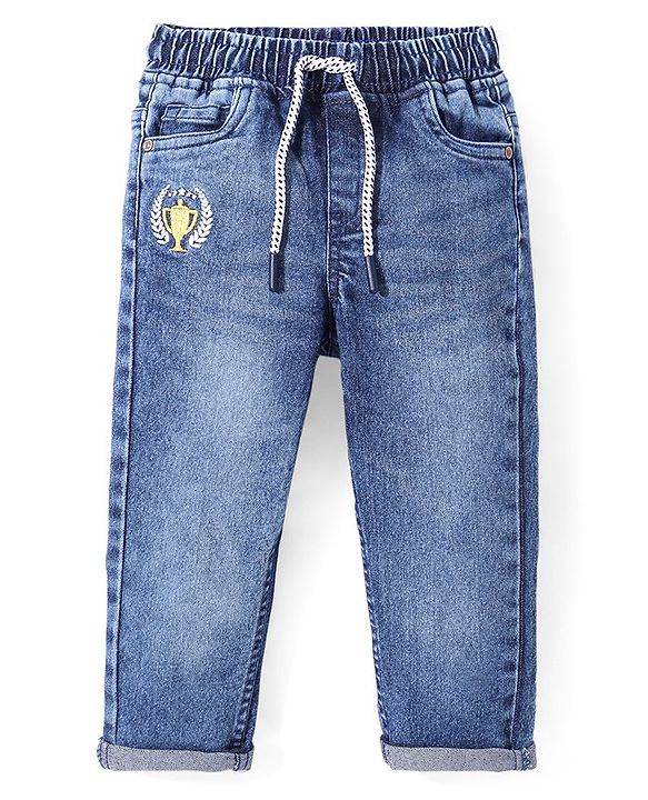 Babyhug Full Length Stretchable Denim Washed Jeans with Trophy Embroidery - Blue