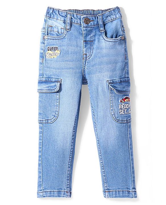 Babyhug Denim Stretchable Washed Full Length Jeans with Cargo Pockets & Text Embroidery- Blue