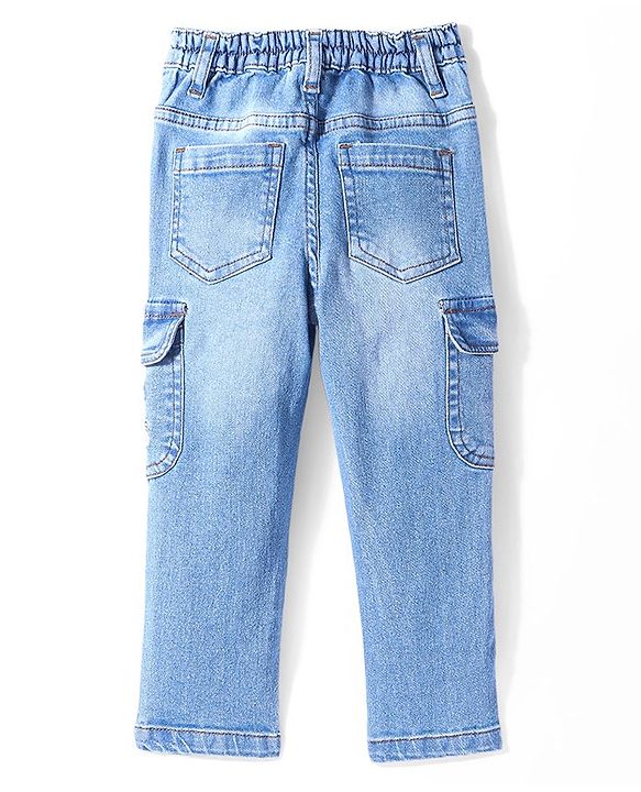 Babyhug Denim Stretchable Washed Full Length Jeans with Cargo Pockets & Text Embroidery- Blue
