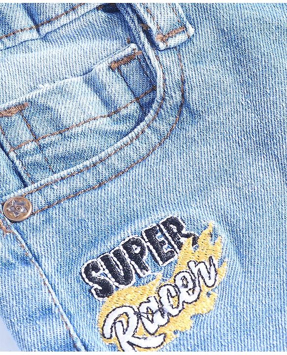 Babyhug Denim Stretchable Washed Full Length Jeans with Cargo Pockets & Text Embroidery- Blue