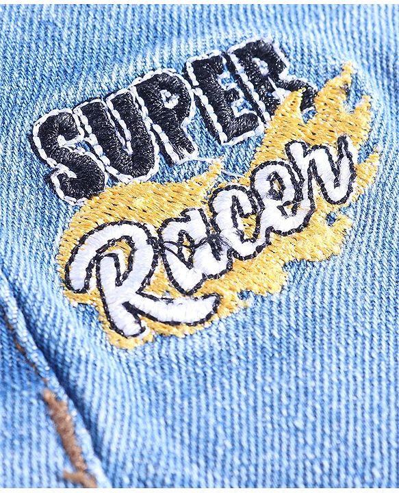 Babyhug Denim Stretchable Washed Full Length Jeans with Cargo Pockets & Text Embroidery- Blue