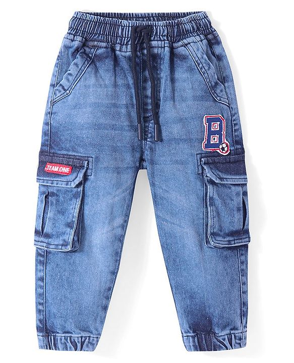 Babyhug Full Length Denim Joggers With Patch - Blue