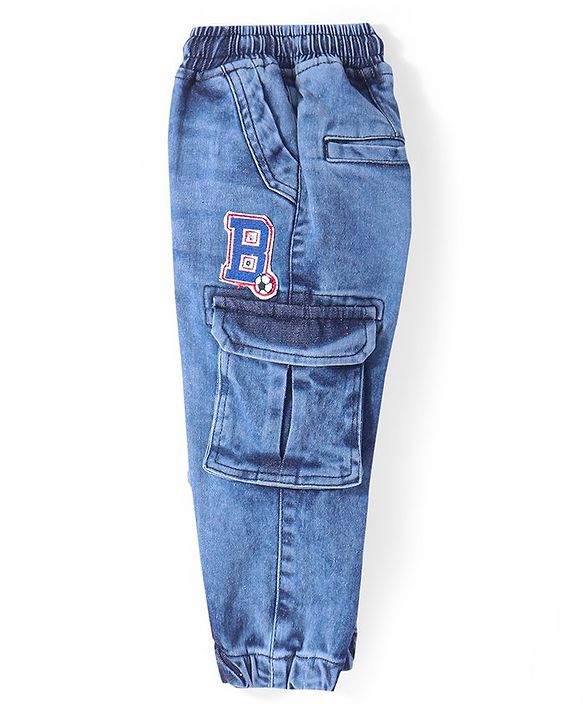 Babyhug Full Length Denim Joggers With Patch - Blue