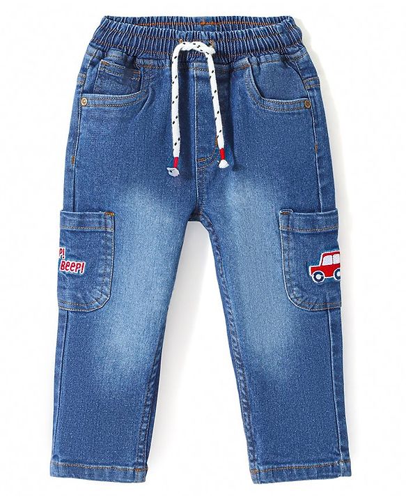 Babyhug Denim Washed Full Length Jeans with Stretch & Car Applique - Blue