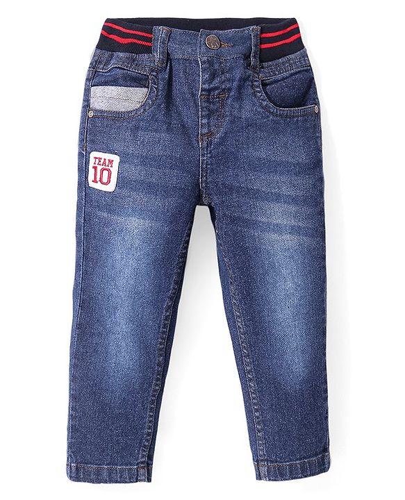 Babyhug Full Length Denim Washed Jeans with Patch - Blue
