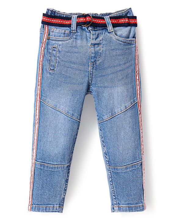 Babyhug Cotton Full Length Stretchable Denim Washed Jeans with Cut & Sew Design & Side Tape Detailing - Blue