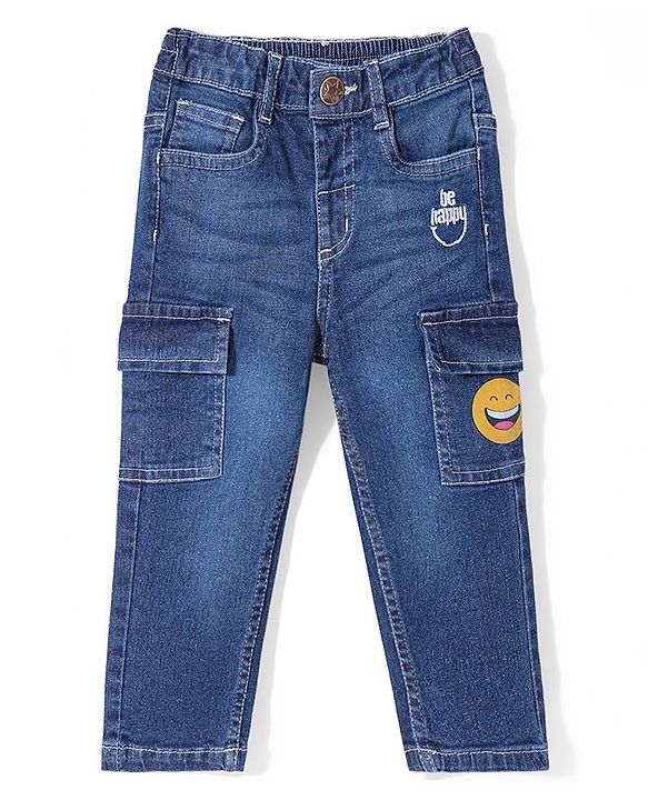 Babyhug Full Length Stretchable Denim Washed Jeans with Smiley Print - Blue