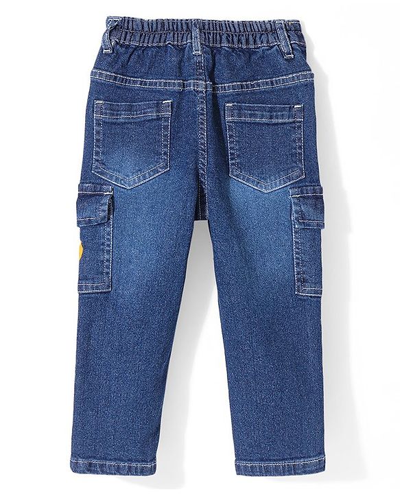 Babyhug Full Length Stretchable Denim Washed Jeans with Smiley Print - Blue