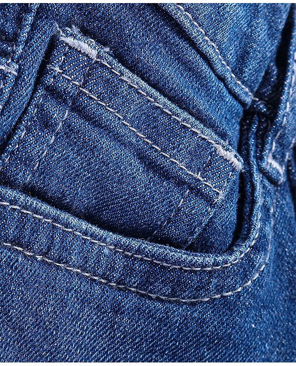 Babyhug Full Length Stretchable Denim Washed Jeans with Smiley Print - Blue