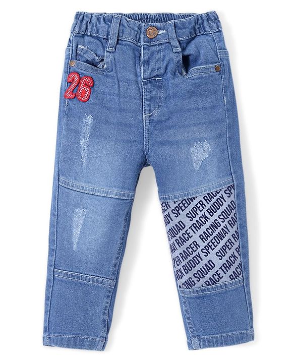 Babyhug Denim Washed Full Length Text Printed Jeans with Stretch - Blue